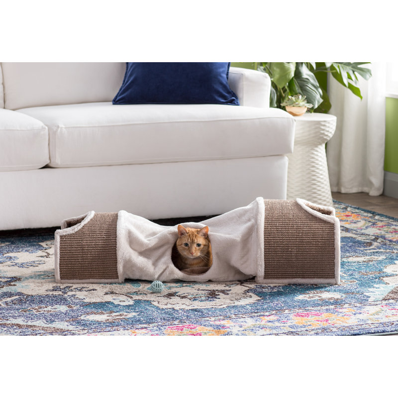 Cream and Brown Sisal Cat Tunnel with Plush Condos