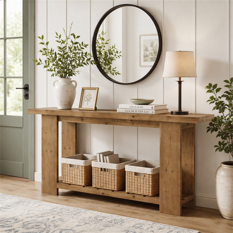 Console en bois massif de 200 cm (79 po), table d'entrée de style champêtre avec rangement à 2 niveaux
