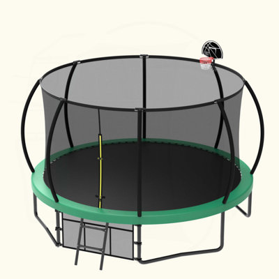 12FT Recreational Kids Trampoline With Safety Enclosure Net & Ladder, Outdoor Recreational Trampolines