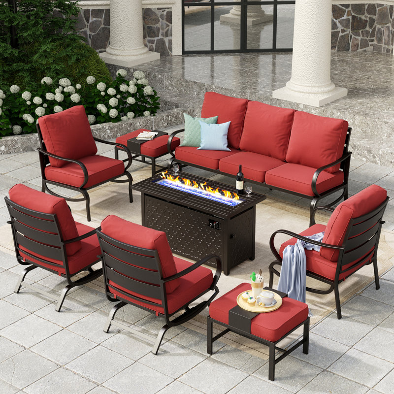 Tapasi 9 - Person Patio Conversation Set with Rocking Lounge Chairs & Optional Firepit Table, Red, Yes