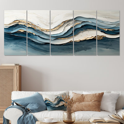 White And Blue Marble Wave IV - Coastal Waves Wall Art Set