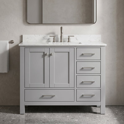 Meuble-lavabo de 42 po en bois massif avec lavabo et tiroirs à fermeture en douceur en gris