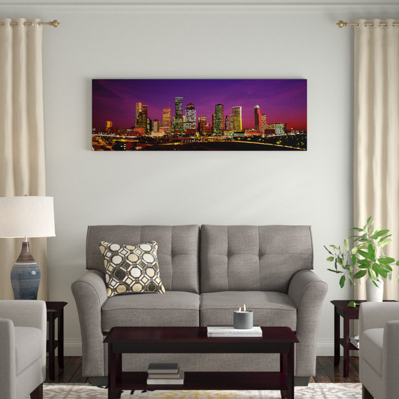 Bâtiments allumés la nuit, houston, texas, états-unis-impression sur toile tendue, H 20 po x l 60 po x P 1,5 po