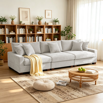 3 - Piece Upholstered Offwhite Chenille Modular Sectional Sofa with Armrests & Throw Pillows