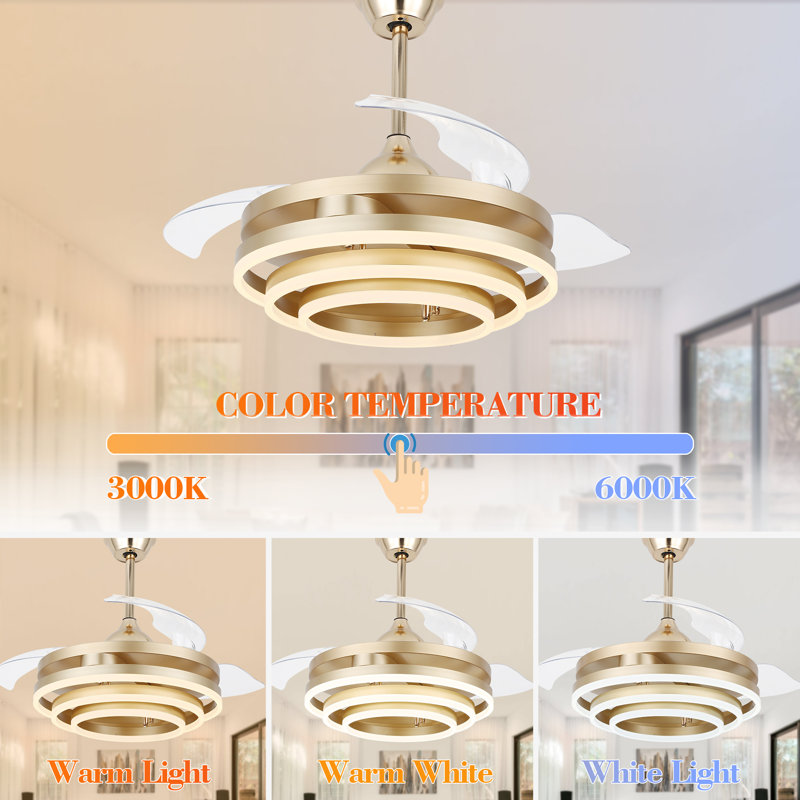 Gold Retractable LED Ceiling Fan Chandelier with Remote Control