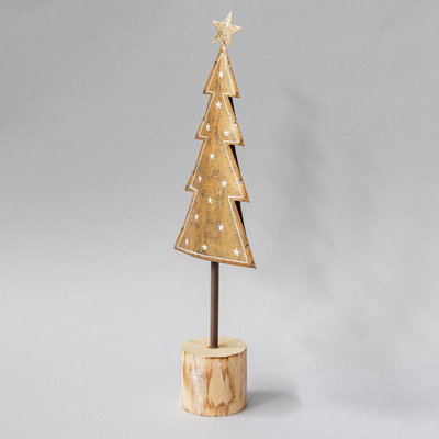 Figurine arbre de Noël avec une étoile sur le dessus et une base en bois