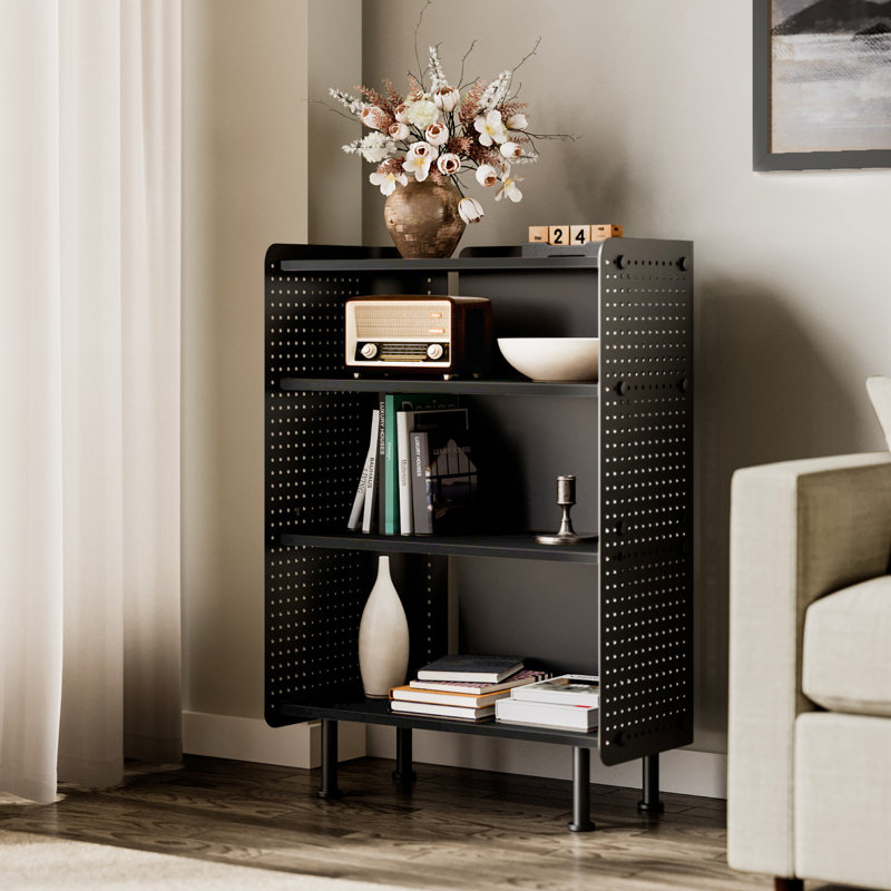4 Tier Bookshelf, Modern Open Bookcase with Pegboard, (4 Shelves) 33.6"H x 24.3"W x 12.3"D, Black
