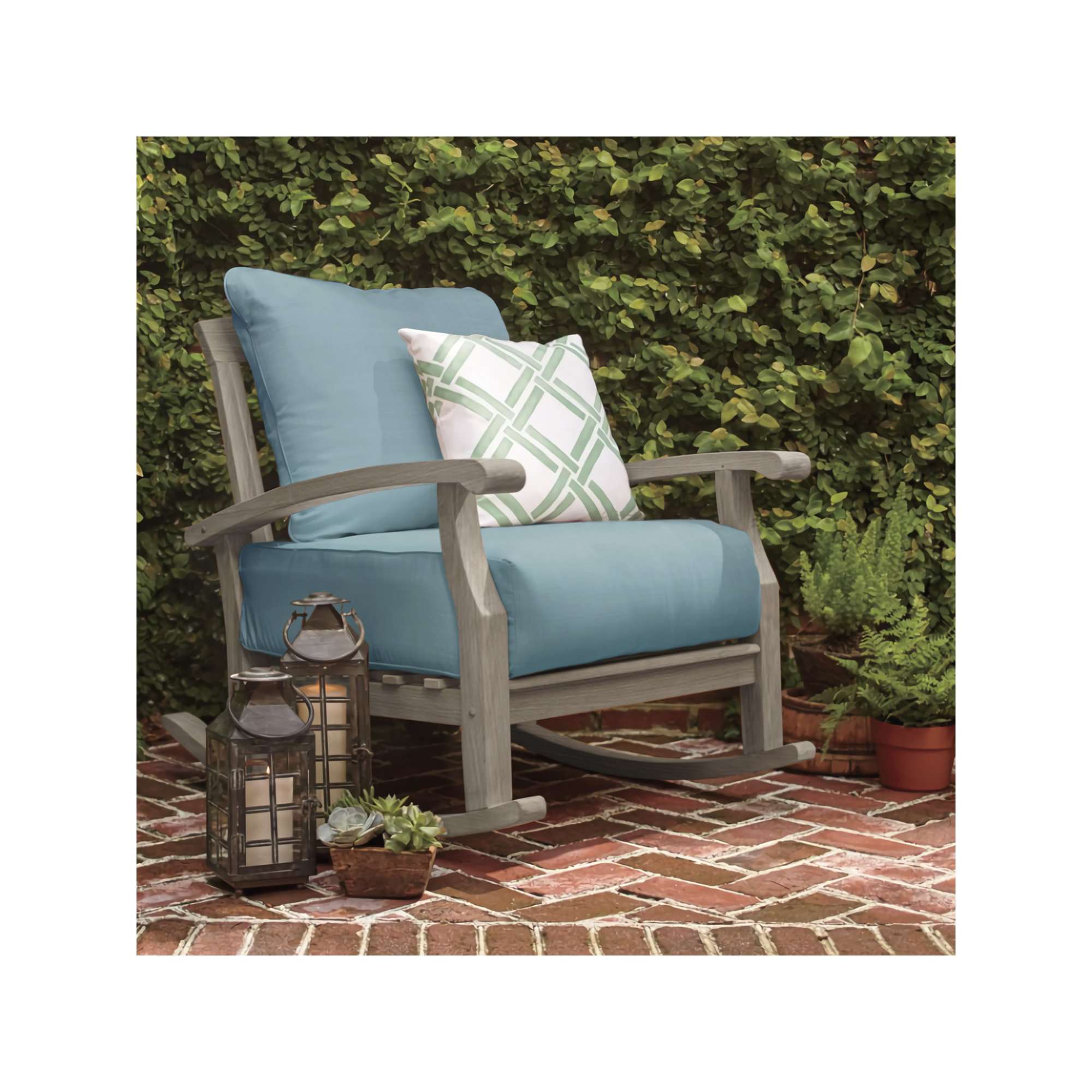 Summerton Teak Outdoor Rocking Chair with Cushions, Gray, Blue Spruce Performance Linen