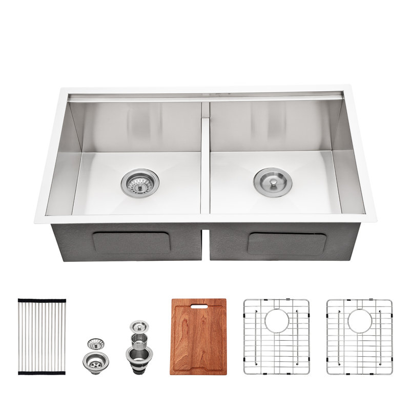Double Bowl Stainless Steel Kitchen Sink, Brushed, 16, 10" H x 19" W x 30" L