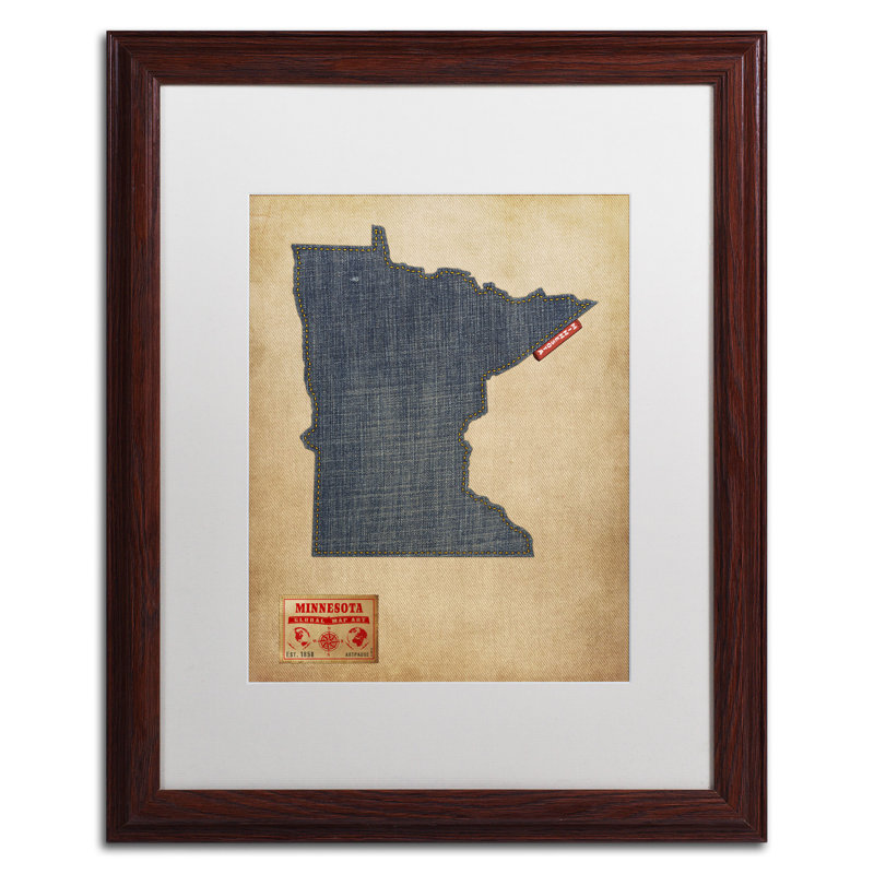 « minnesota map denim jeans style » par michael tompsett, impression encadrée, H 14 po x l 11 po, Blanc, Cadre brun