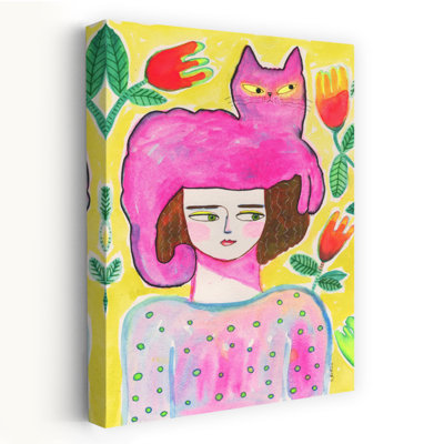 Whimsical Girl Pink Cat Contemporary Cat Flower Wall Art