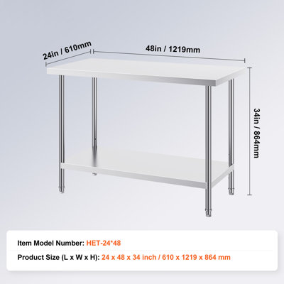 Table de préparation en acier inoxydable, 61 x 122 x 86 cm, capacité de charge de 363 kg, table de travail robuste en métal avec 3 niveaux de hauteur réglables, poste de travail professionnel pour cuisine, garage, restaurant ou jardin.