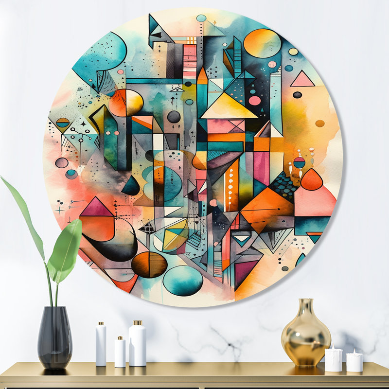 «Blue and Orange Geometric Balance II», art mural rond abstrait géométrique sur métal, H 36 po x l 36 po x P 1 po