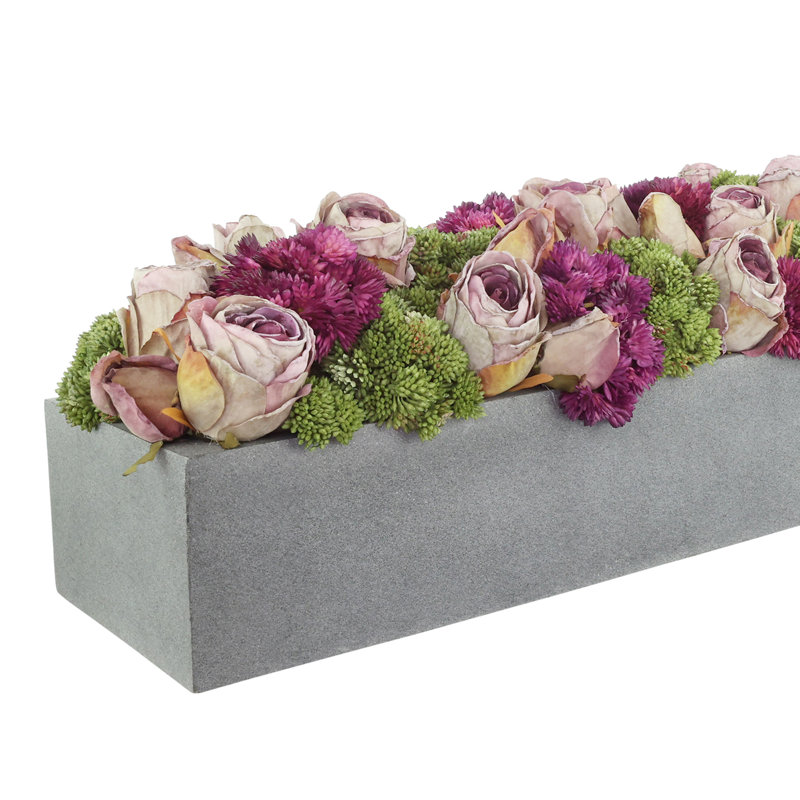 Assorted Sedum and Roses in Fiberstone Planter, 7" H x 19" W x 6" D, Gray