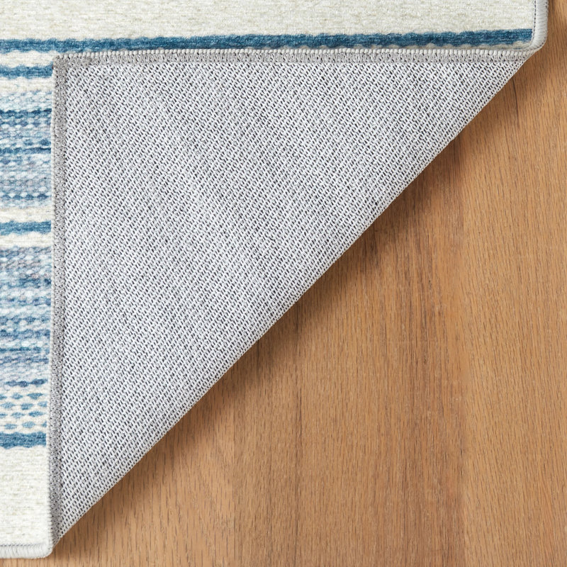 Ellington Machine Printed Polyester Striped Area Rug in Blue/White, Rectangle 3' x 5'