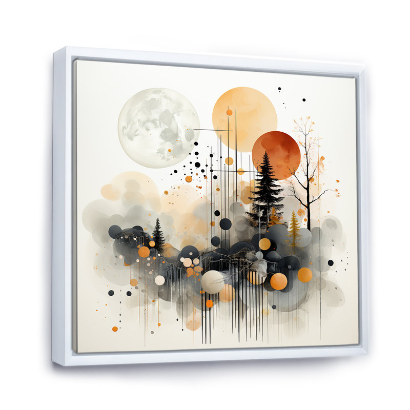 Paysage moderne noir et jaune de la forêt IV - Art abstrait paysage mural, Cadre flottant blanc, H 36 po x l 36 po x P 1,5 po