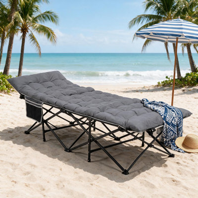 Lit de camp pliant pour adultes, capacité de 272 kg, structure en fer renforcé, dossier réglable, conception légère (10 kg), poche de rangement latérale, pour le camping, gris