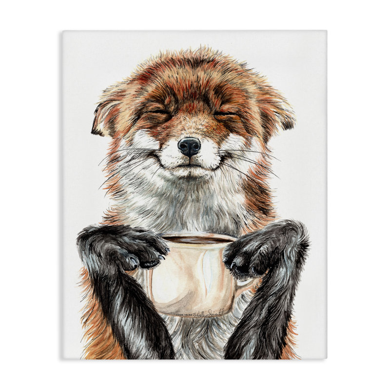 Conception d'art sur toile Happy Fox with Coffee par Holly Siment, H 48 po x l 36 po x P 1,5 po