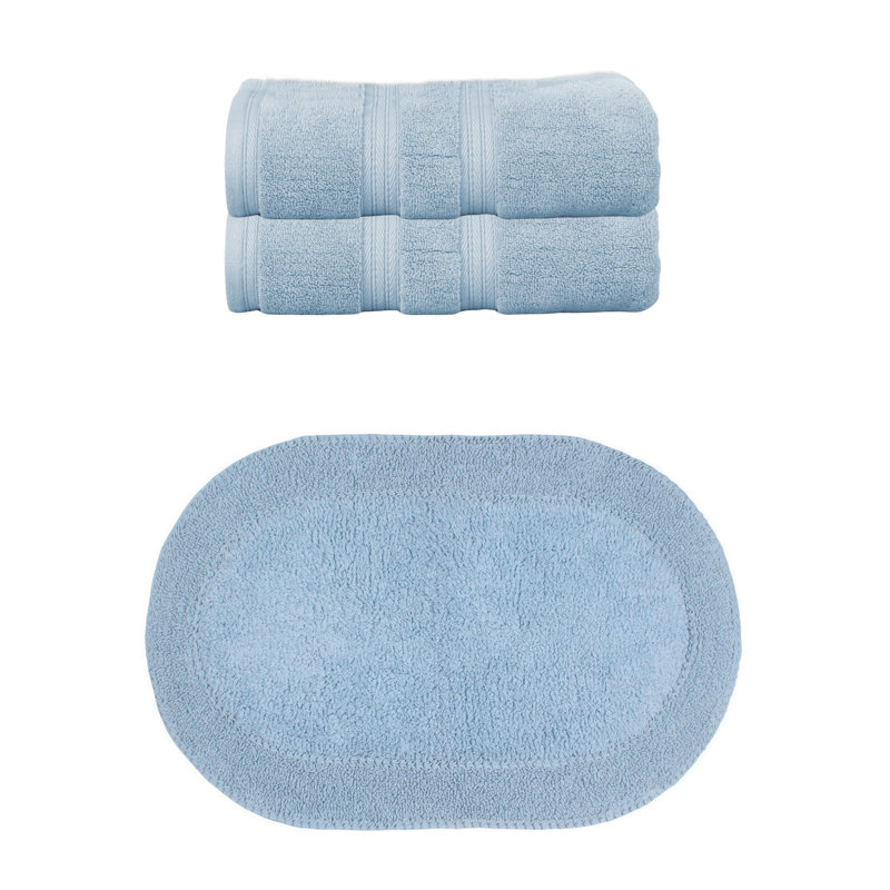 Brunk Collection 100% Soft Cotton Bath Towel Set & Bath Rug, 3 Piece Towel Set, Blue