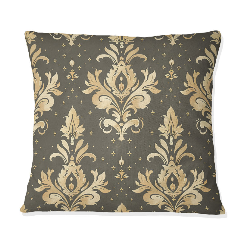 Coussin décoratif traditionnel brun doré à motif damassé IV, H 16 po x l 16 po