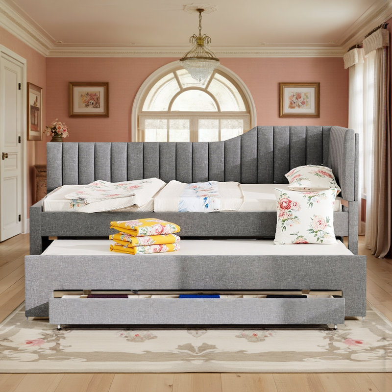  Linen Fabric Upholstered Daybed, Sofa Bed with Trundle and 3 Storage Drawers, Twin, White