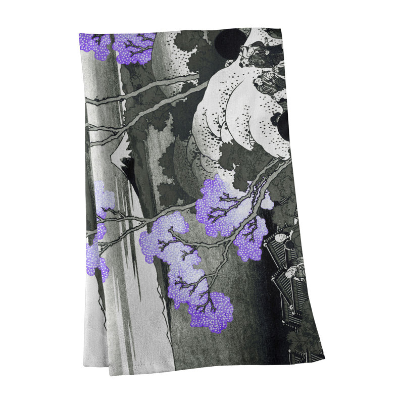Serviette de thé mt. fuji through the cerises, Polyester sergé, Mauve / Brun