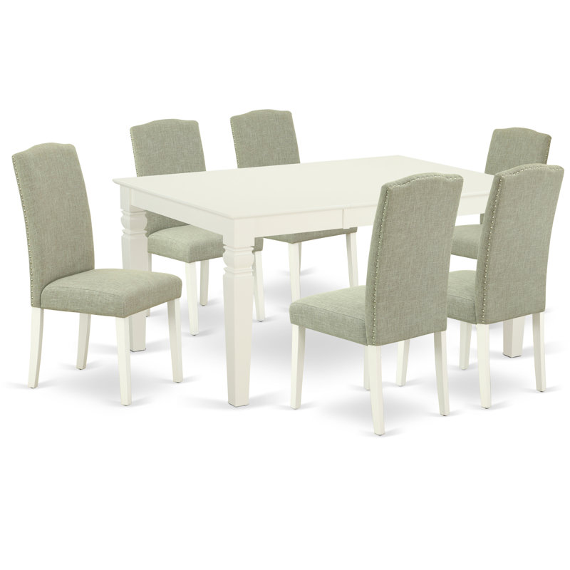 7 Piece Dining Set Consist of a Rectangle Dining Table with Butterfly Leaf and 6 Dark Shitake Linen Fabric Upholstered Chairs, Linen White