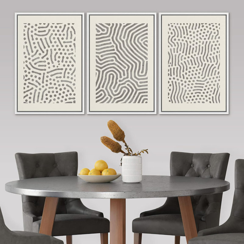 «Motif de vagues géométriques grises, formes abstraites et neutres, art moderne et contemporain», 3 pièces, Blanc