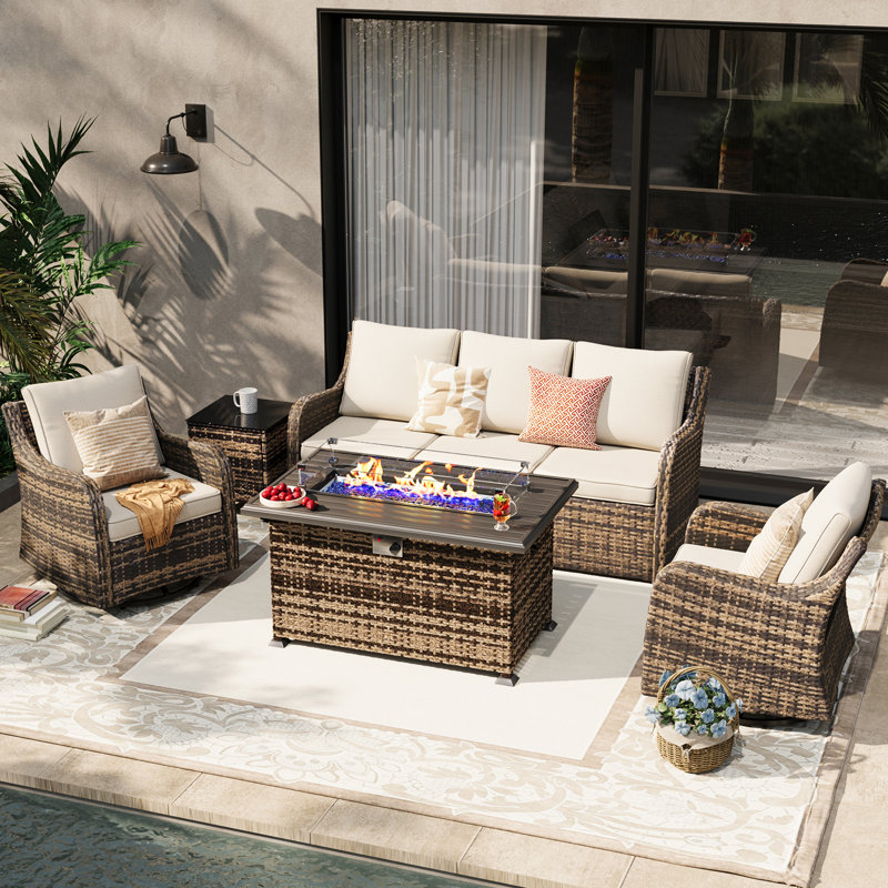  5 Pieces Patio Furniture Set With 43" Fire Pit Table, Wicker Patio Conversation Set With Swivel Rocking Chairs, Outdoor Patio Set For Lawn Backyard Porch (brown)
