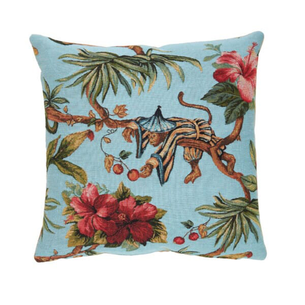 Tropical Monkey Blue Tapestry Cushion with Feather Filler 