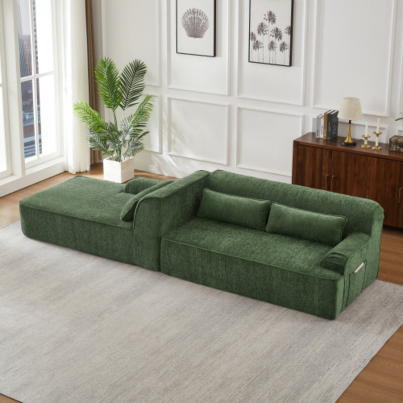 Canapé modulaire en L en chenille, design minimaliste, canapé-lit surdimensionné, aucun assemblage requis, Vert