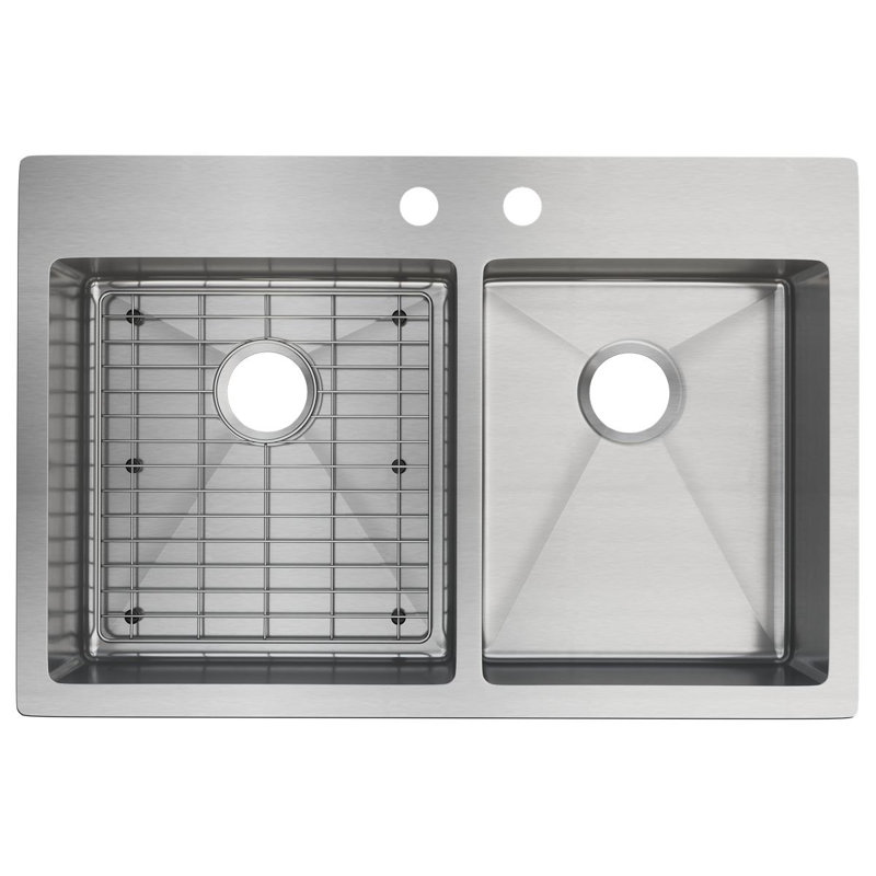 Crosstown Stainless Steel 33" L x 22" W Double Basin Dual Mount Kitchen Sink, 2 Hole, Design 2