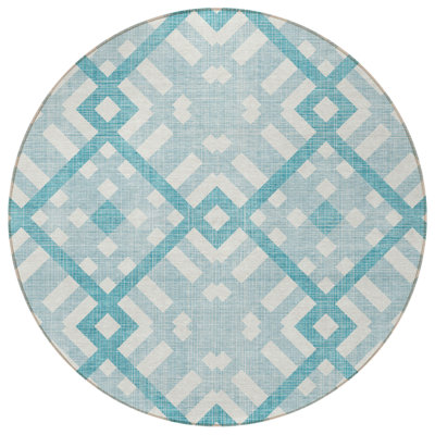 Tapis d'intérieur / extérieur rond 8 pi bleu turquoise et ivoire à motif géométrique lavable
