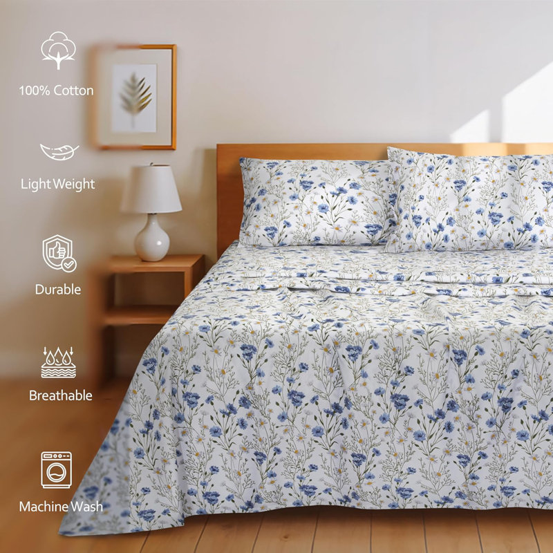 100% Cotton Sheets Sets Soft Crispy Percale Cooling Sheets 16 Inch Deep Pocket Bed Sheets, King Sheet Set with 2 Pillowcase