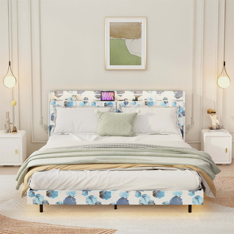 Cadre de lit flottant avec lumière DEL et base de lit tapissier avec tête de lit et espace de rangement caché, sans sommier tapissier, bleu