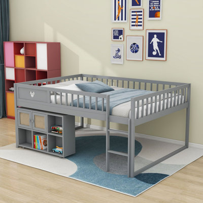 Low Loft Bed with Storage Shelf and Cabinet