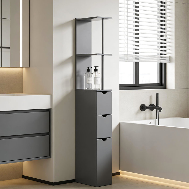 Organisateur de rangement moderne sur le côté étroit avec deux tablettes ouvertes et trois tiroirs pouvant être fixés au mur
