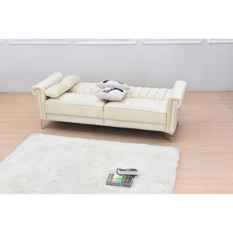 Canapé-lit simple en velours de 85 po de large à dossier serré, Crème