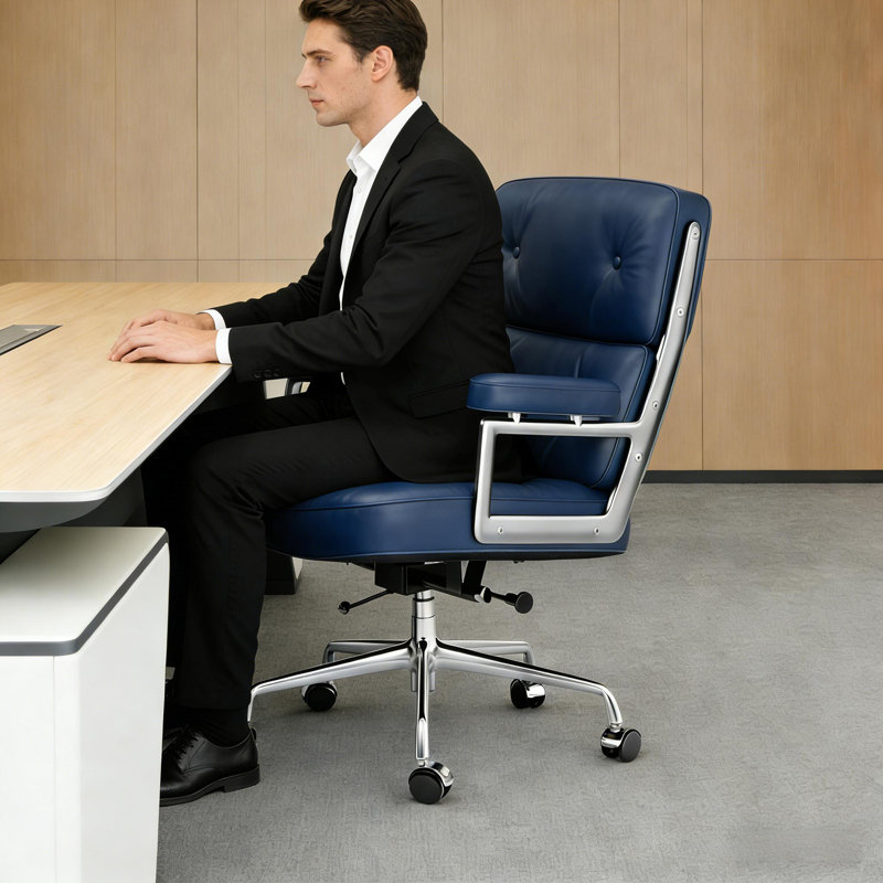 Mid Back Genuine Leather Executive Office Chair With Aluminum Frame, Swivel Computer Desk Chair, Genuine Leather Blue