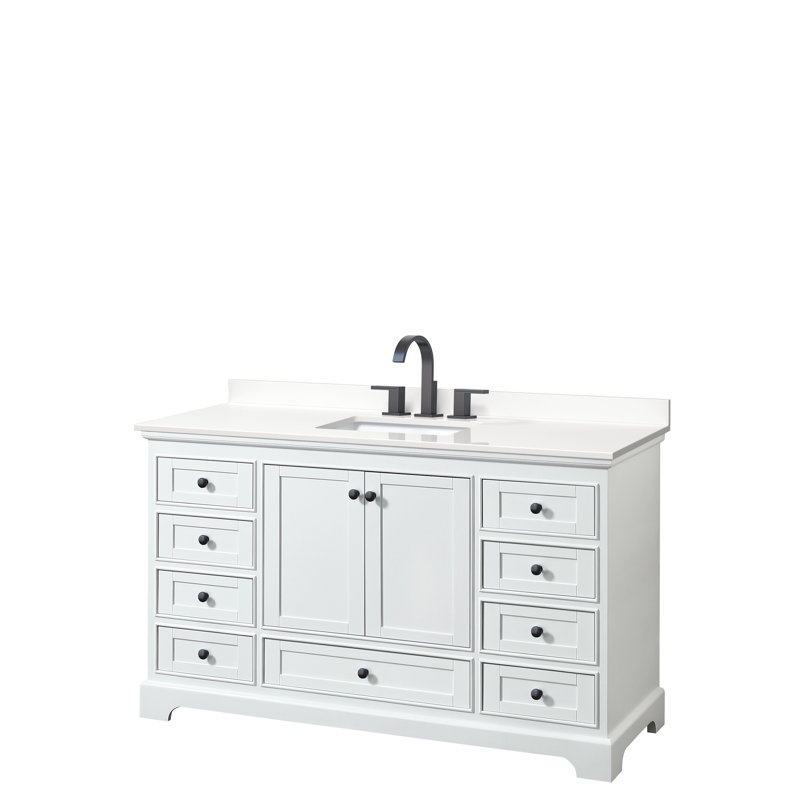 Ensemble de meuble-lavabo simple avec comptoir en quartz Deborah, Quartz blanc, Espresso foncé, Chrome poli