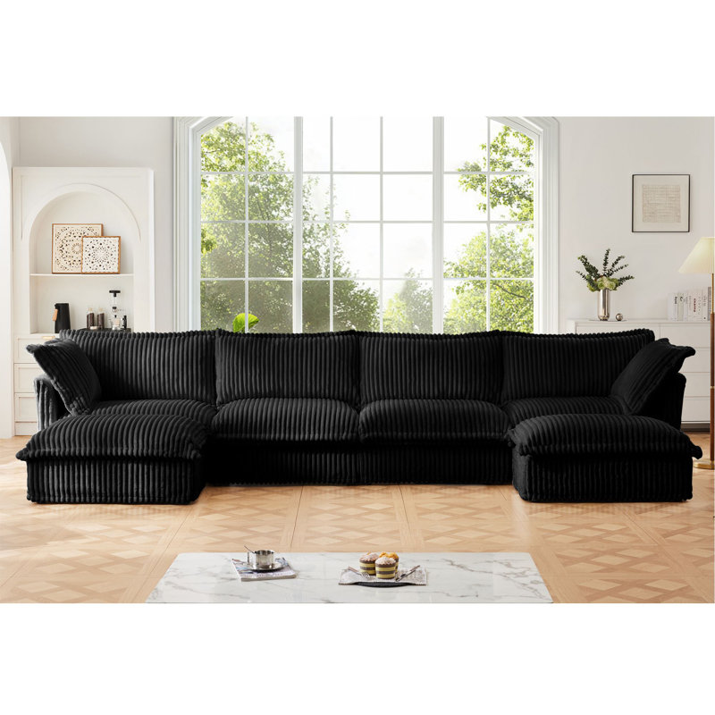 Slipcovered U Shape Sectional Wide and Deep Seat Sofa Couch, 4 Seater Sofa with French Edges Design Multiple Big Pillows, Soft Deep Seat Comfy Cloud Couch for Living Room, Apartment