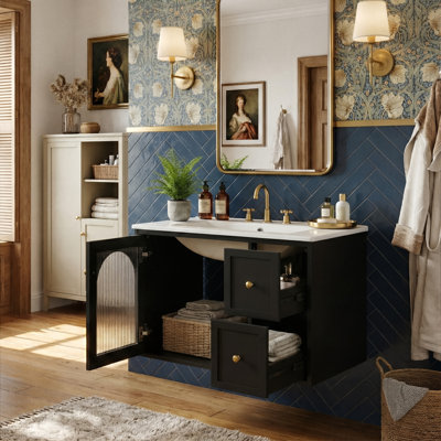 24" Small Space Vanity Set With Sink, 2-Drawer & Glass Door Storage Cabinet, Waterproof Wall Hung Unit (Beige / Black / White)