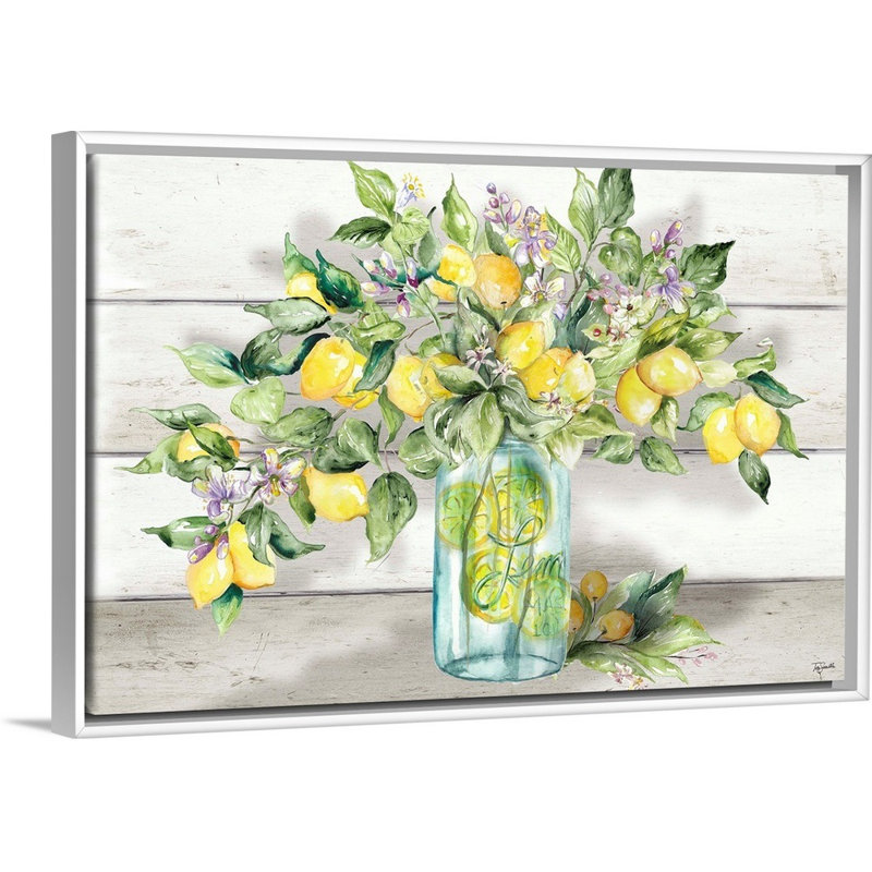 «Watercolor Lemons in Mason Jar Landscape» par Tre Sorelle Studios - reproduction sur toile, Toile avec cadre photo, Blanc