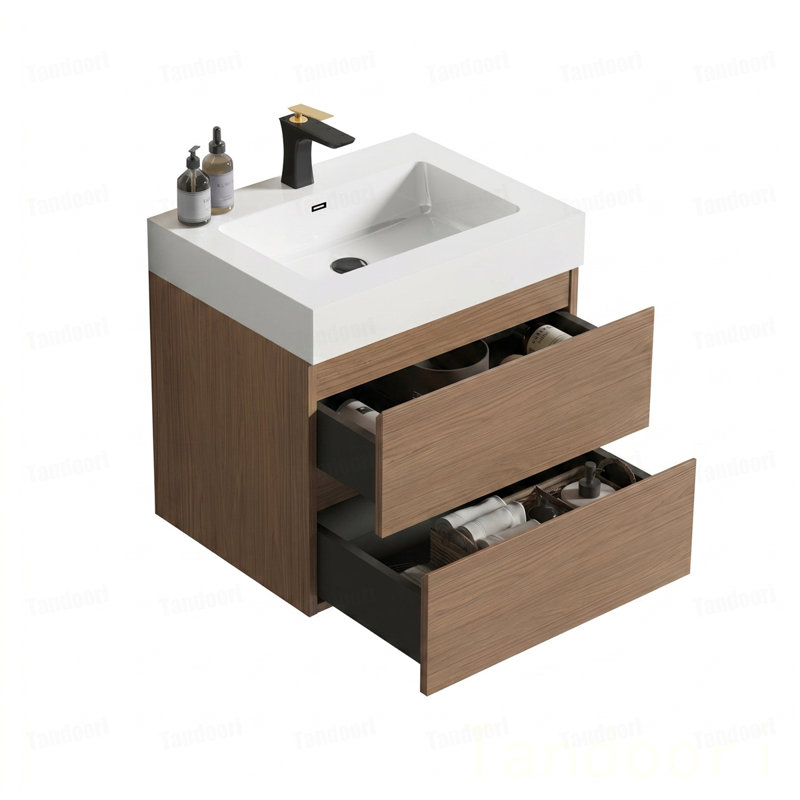 Meuble-lavabo mural en noyer avec lavabo, grand meuble-lavabo flottant mural pour salle de bain moderne, lavabo une pièce sans drain ni robinet, pré-assemblé