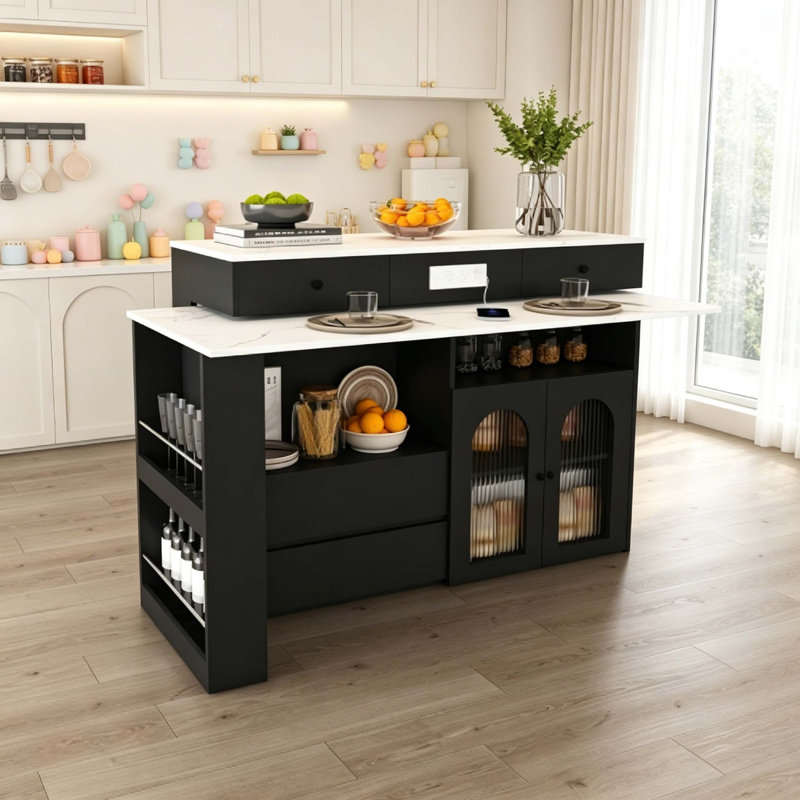 Rotating Expandable Kitchen Island with Built-In Power Station, Walnut Veneer Top, 4 Drawers & Arched Glass Storage Cabinet