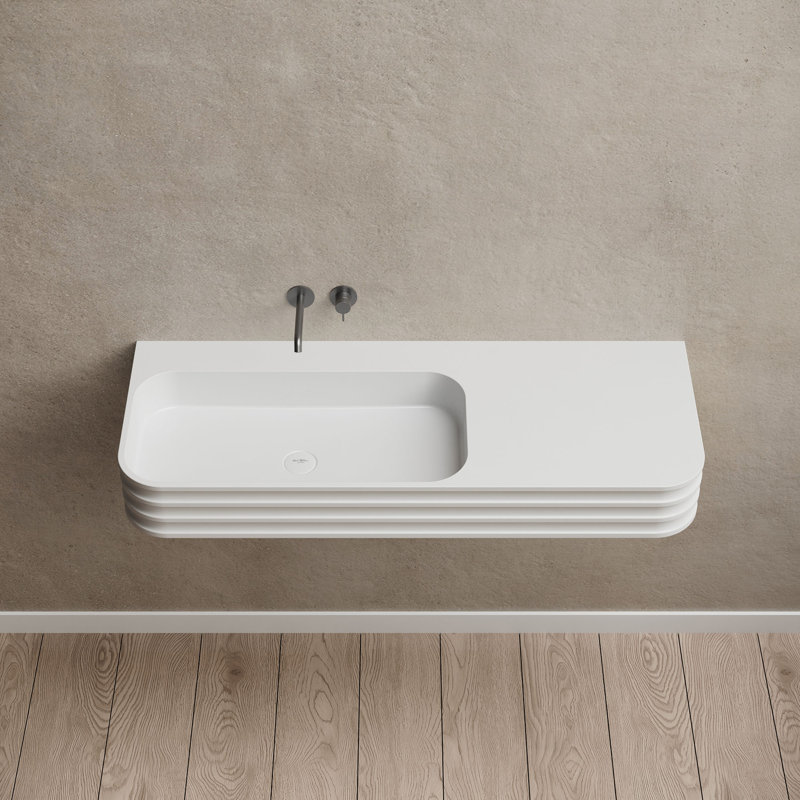 Monblari 31.5" X 18" Rectangle Solid Surface Matte White Wall Mount Sink Fluted Bathroom Sink, Matt White