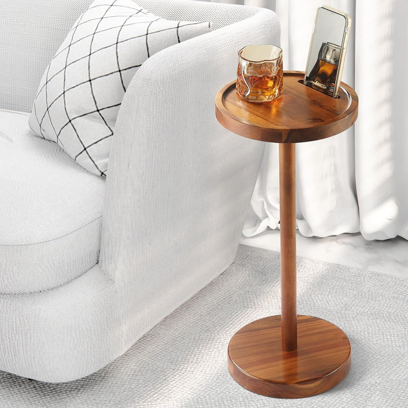 Table à boissons en bois d'acacia avec base lestée, petite table d'appoint ronde pour les petits espaces, table de bout à piédestal Martini / Cocktail avec support de téléphone pour le salon, les téléviseurs ou le bureau à domicile