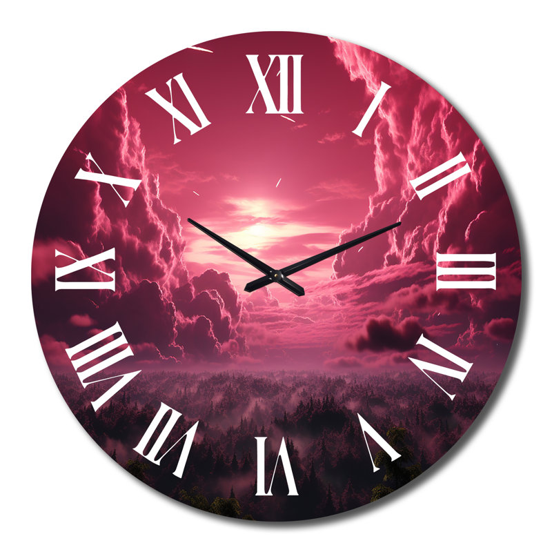 Horloge murale majestueuse, coucher de soleil rose sur forêt mystérieuse, Grand