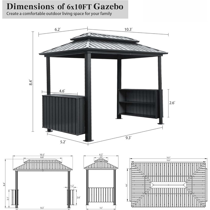 6X10ft Hardtop Grill Gazebo, Outdoor BBQ Gazebo With Double Galvanized Steel Roof, Patio Grill Canopy With 2 Storage Cabinets And Ceiling Hooks For Backyard, Lawn, Garden