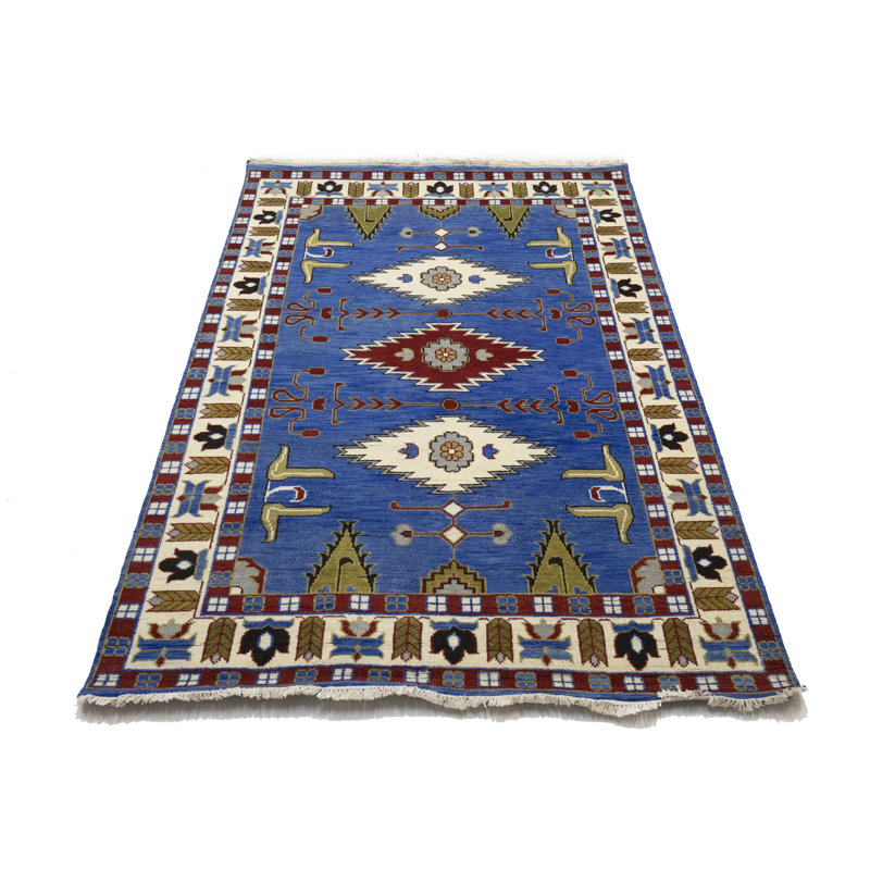 Blue Geometric 6X9 Handmade Kazak Oriental Rug